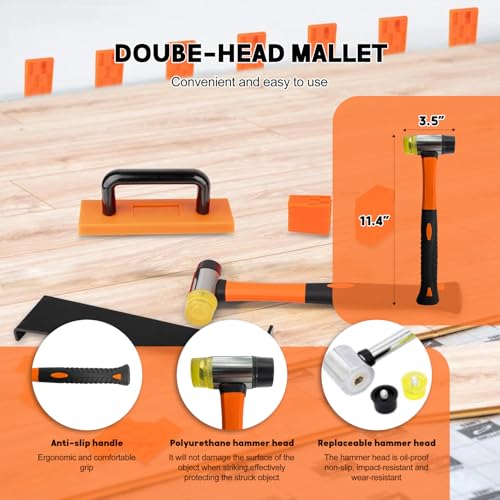 Laminate Flooring Tools, 65-Piece Wood Flooring Installation Kit with Double-Faced Rubber Mallet, 10” Contour Gauge, Tapping Block with Handle, 60-Piece Flooring Spacers, Pull Bar, Tape Measure