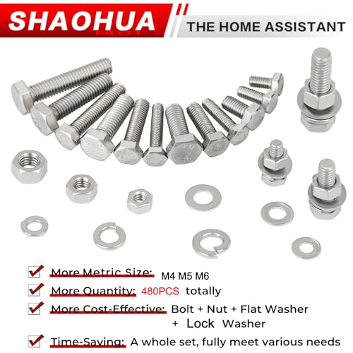 480PCS Metric Hex Head Bolt Assortment, M4 M5 M6 Machine Screw Assortment Kit, A2-70 304 Stainless Steel Hex Bolts and Nuts Kit, Assorted Nuts and Bolts Assortment Kit, Flat & Spring Lock Washers - size: G. M4 M5 M6