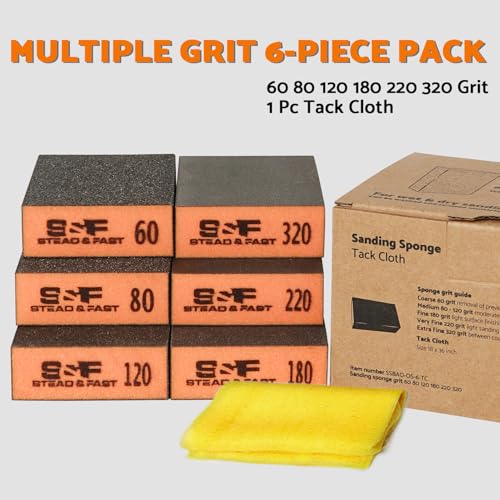 S&F STEAD & FAST Sanding Sponge 60 80 120 180 220 320 Grit 6 Pc, Tack Cloth