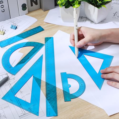 Tenare 6 Pcs Math Geometry Ruler Straight Protractor Triangle, Blue - color: Blue