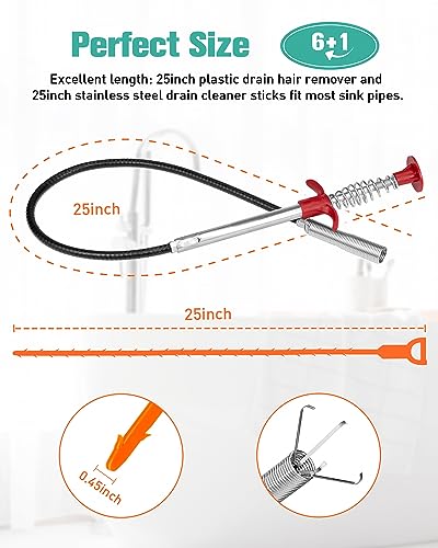 Oanie 7 Pack 25inch Drain Clog Remover Tool, Cleaner Hair Clog Remover(6pcs), Cleaner Sticks to Drain Hair Clog for Remover(1pcs), Sink Snake for Shower Kitchen Sink Bath Tub Bathroom(6+1)