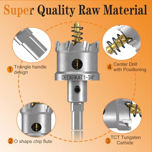 DECKRKAT 1-3/4" TCT Hole Saws for Hard Metal, Heavy Duty 45mm Tungsten Carbide Tipped Hole Cutters Set with Spring-Loaded Pilot Drill Bits for Stainless Steel, Metal, Iron, and Plastic. - size: 1-3/4" (45mm) X 1Pcs