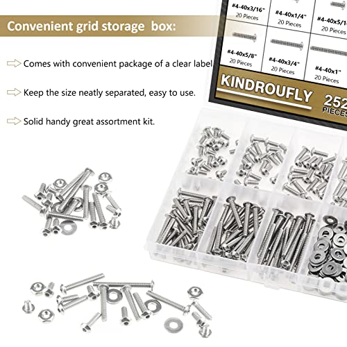 252 Pieces #4-40 x 3/16", 1/4", 5/16", 3/8", 1/2", 5/8", 3/4", 1", Button Head Socket Cap Screws Nuts Washers Assortment Kit, 304 Stainless Steel, Fully Machine Thread - size: #4-40, style: Button Head