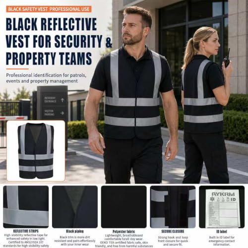AYKRM 12 colour High visibility viz vest hi vis viz reflective work construction safety vest (XS-8XL) - color: Black, size: Medium