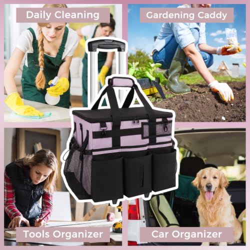 SCAVATA Rolling Cleaning Caddy Bag with Detachable Trolley, Large Cleaning Supplies Organizer with Wheels, Multi-Pocket Cleaning Cart with Adjustable Shoulder Strap for Housekeepers (Lilac) - color: Lilac