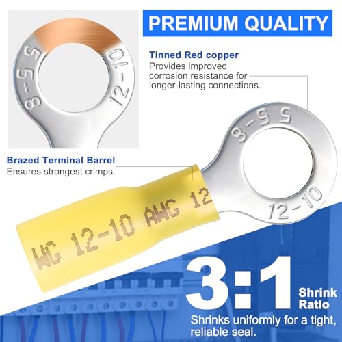 130Pcs Copper Wire Lugs Kit, Battery Terminal Connectors AWG 2 4 6 8 10 12 14 16 Gauge Heavy Duty Battery Cable Ends Ring Terminal Wire Connectors Kit with Heat Shrink Tubing - size: 130Pcs