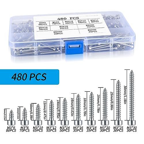 Metric Hex Socket Cap Head Self Tapping Screws, 480pcs M3 Stainless Steel Socket Head Cap Wood Screws Assortment Kit, Hex Drive Head Cap Self Drilling Screws(480 Silver) - color: 480 Silver