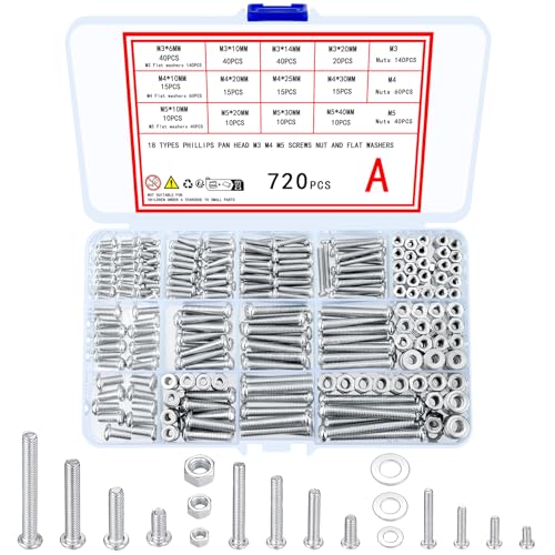 720 Pcs Nuts and Bolts Assortment Kit, M3 M4 M5 Carbon Steel Screws Bolts and Nuts and Washers Assortment Set, Assorted Cross Pan Head Machine Screws Set, with Storage Case