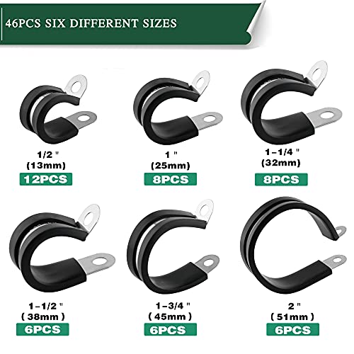 OURU 46PCS Cable Clamps Assortment Kit,Rubber Coated, 1/2"-2" 6 Sizes - size: 46pcs - 1/2", 1", 1-1/4", 1-1/2", 1-3/4", 2"