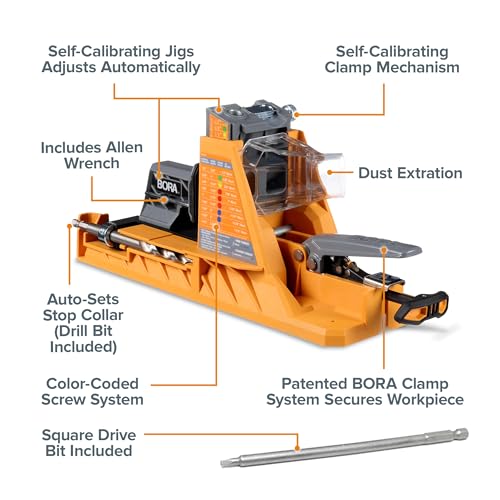 BORA Automatic Pocket Hole Jig, 3in Face Clamp, Auto Adjusting Drill Guide - size: Auto Jig w/ 3" Clamp