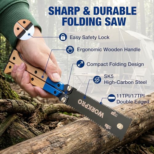 WORKPRO 6'' Folding Japanese Hand Saw, Double-Edged Pull Saw with 11&17 TPI - size: 6'' - Foldable
