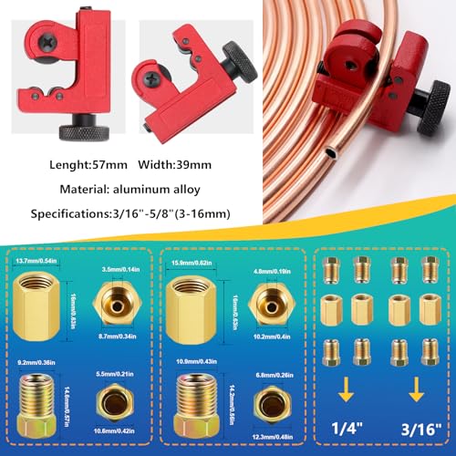 smseace 55Pack 3/16 Inch+1/4 Inch Brake line kit Include 25 FT Copper-Plated Brake Lines with Fitting(32pcs Fittings,4pcs Union+8pcs Nut) Brake line Bender,Single Flare Tool,Cutter Brake line kit - color: Gold-A, size: 3/16inch+1/4inch