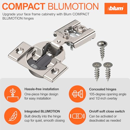 Blum Compact BLUMOTION Hinge (1 Kit), 1/2" Overlay, 105° Opening Angle, Steel, Integrated Soft-Close Hinges for Face Frame Cabinets - size: Pack of 1, style: With Screws