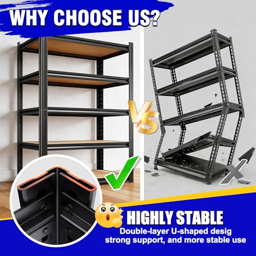 71"H Heavy Duty Garage Shelving - 1900 LBS Capacity 5-Tier Metal Storage Shelves, 71"H x 28"W x 12"D Adjustable Steel Utility Rack, Compact Storage Shelf for Pantry, Closet, Basement, Shed - Black - size: MDF/28"Wx12"Dx71"H