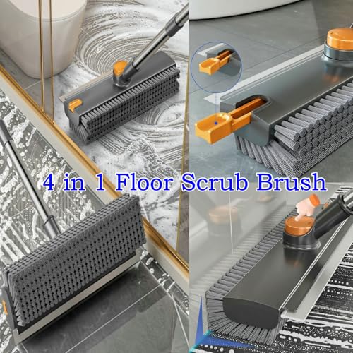 Floor Scrub Brush with Squeegee Long Handle 3 in 1 tub Brush 52'' 2026 Upgraded Multi-Functional Stiff Bristle Cleaning Scrub Brush Rotating Tile Brush for Cleaning Bathroom Patio, Pool, Garage - color: Gray Orange