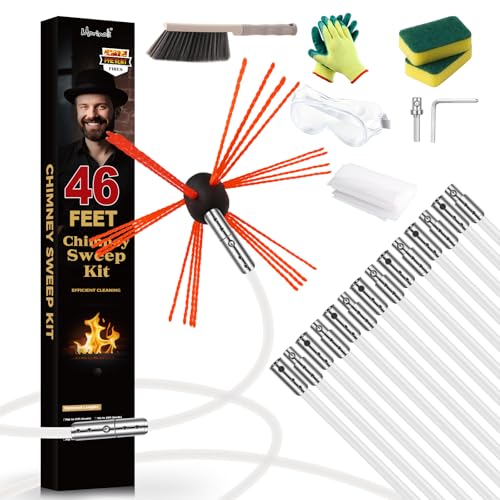 Chimney Sweep Kit - 46 Feet, Chrome Button Locking System, 14 Flexible Rods - size: 46 FT