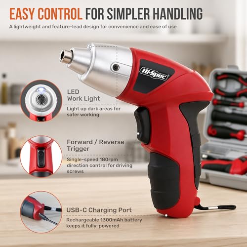 Hi-Spec 4V USB Electric Screwdriver Tool Kit for Home Repairs, Red - color: Red