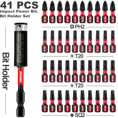 GEINXURN Impact Tough Phillips Square Torx 1 in. Insert Driver Bits, 41Pack T20/T25/PH2/SQ2 Screwdriver Power Bits Set with 1Pcs Impact Bit Holder - size: MIX-41PCS