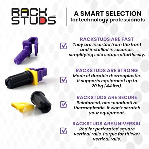 Rackstuds P20 Series II - Server Rack Screws 20-Pack | Cage Nut Replacement Purple 3.2mm/0.126" | A Faster, Easier Solution for Rack mounting Gear in 19" Racks with Square Punched Vertical Rails - color: Purple, size: 20 Pack