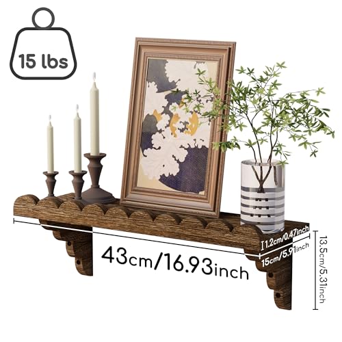 QsQueen Scalloped Wood Wall Shelf – 17 Inch Floating Shelf with Wood Brackets, Easy to Install Rustic Wall Shelf for Living Room, Bedroom, Bathroom, or Any Space - color: Brown