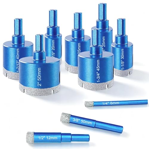 Diamond Hole Saw Set, 10 PCS Brazed Tile Hole Saw Diamond Core Drill Bit Set for Ceramic, Glass, Tile, Granite, Marble, Plaster