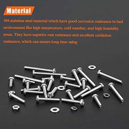 HELIFOUNER 420 Pieces M2 x 6mm /8mm /10mm /12mm /16mm /20mm, Phillips Pan Head Machine Screws, Metric Screws Bolts Washers Nuts Kit, 304 Stainless Steel - size: M2