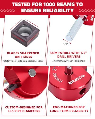 ERAYCO 4-Piece PVC Pipe Reamer Kit, Plastic Pipe Fitting Reamer Tool, Fit into Standard 1/2" Drills, PVC Fitting Saver for SCH40 PVC CPVC ABS Pipe (1-1/2'', 2'', 3'', 4'') - size: 1.5+2+3+4 Inch