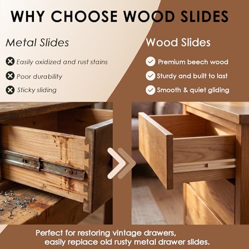 Wood Drawer Slides 18 Inches Bottom Mount Replacement, Solid Wooden Drawer Runners Center Guide Track Rail for Dresser Cabinet Drawer Repair, Cuttable for Old Drawers (1, L002(17.72"))
