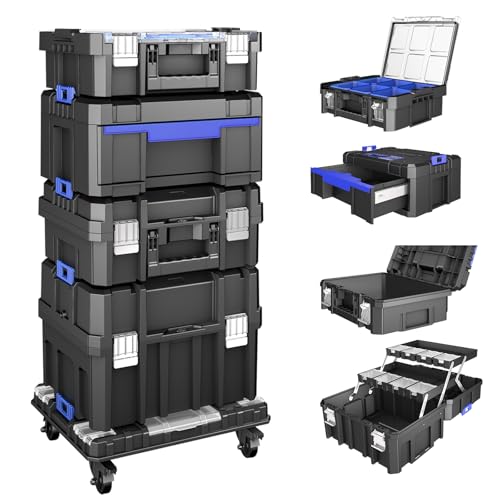 AIRAJ 5 Tier Stackable Tool Box with Wheels, Rolling Tool Box Organizer