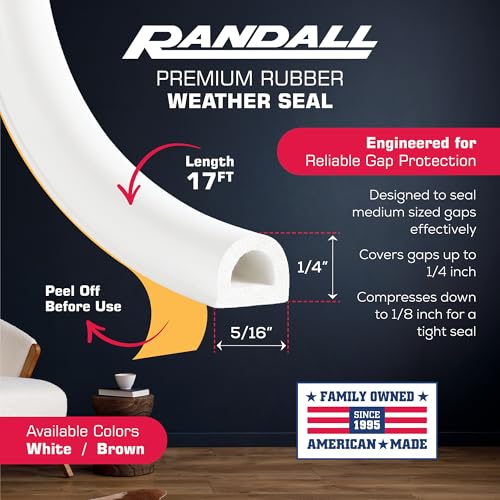White EPDM D Profile Weather Stripping Door Seal, Self-Adhesive Door Weather Stripping & Window Seal Strip, 5/16" Wide x 1/4" Thick x 17' Long - color: White