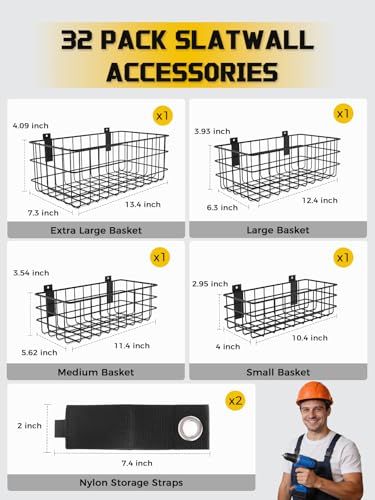 AZUNO 32Pcs Slatwall Accessories Set with 4 Slatwall Baskets & 26 Multi-Sized Slatwall Hooks and 2 Heavy-Duty Storage Straps for Garage, Workshop, and Home Organization Storage - size: 4 Baskets+26 Hooks+2 Straps