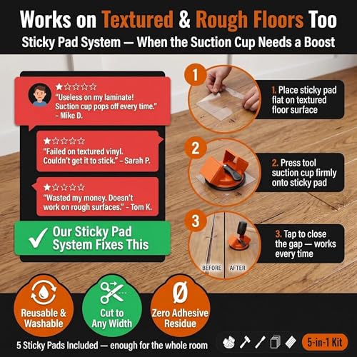 Floor Gap Fixer Tool, Fix Laminate LVP & Vinyl Plank Floor Gaps Without Contractor, Heavy Duty 45° Double-Sided Strike, 5-in-1 Complete Kit with Silicone Suction Cup, Rubber Mallet & Slot Cutter