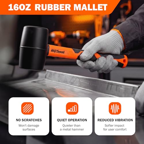 AV Steel 2-Pack Rubber Mallet Hammer Set, 16oz Rubber Hammer & 33mm Double-Faced Soft Mallet with Replaceable Heads and Glove, Fiberglass Handle, Damage-Free for Flooring, Tile, Woodworking