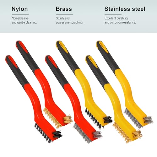 6Pcs Small Wire Brushes for Cleaning Rust, Brass/Nylon/Stainless Steel Brushes with Curved Handle for Cleaning Metal, Paint Removal, Weld Slag & Dirt Cleaning
