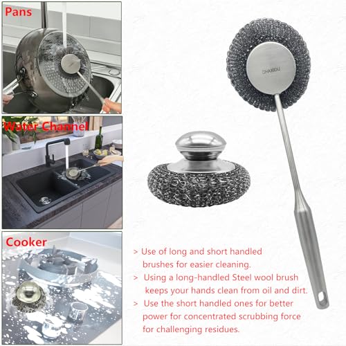 Stainless Steel Wool Scrubber Set, Long HandleBrushes for Pots, Pans, Grills & Cutlery Cleaning (3 Pack)