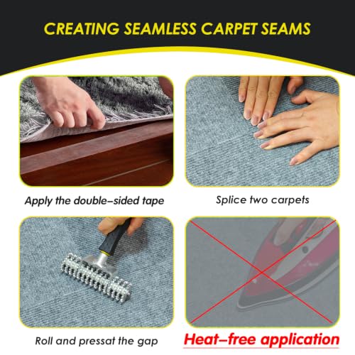 Carpet Seam Roller with Double Sided Carpet Tape Kit, Ergonomic Non-Slip Handle, 2.4" x 11 Yd (33 Ft) Strong Adhesive Residue Free, Heat-Free DIY Carpet Seam Repair for Home & Commercial Use - size: Roller & Tape Combo Kit