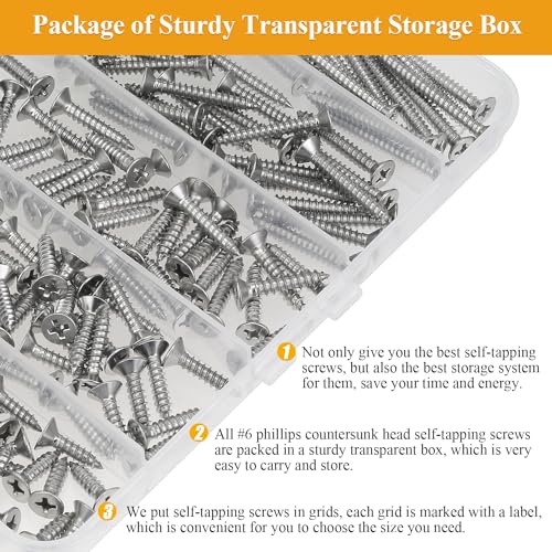 165 Pieces #6 x 1/2" 5/8" 3/4" 1" 1-1/4" Wood Screws Set, Phillips Countersunk Head #6 Self-Tapping Screws Assortment Kit, 304 Stainless Steel - size: #6, style: Phillips Countersunk Head