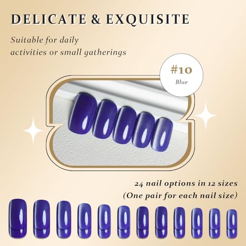 Cat Eye Press On Nails - Glitter Cobalt Blue Medium Square Magnetic Acrylic Fake Nails, Stylish Design, Salon-Quality Shiny Finish, Reusable Stick On Nails Kit for Women (No Glue Included) - color: ZF151-2, size: 24 pieces (Pack of 1)