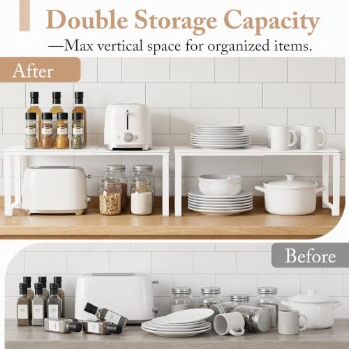 Extendable Metal Wire Shelf Organizer - Adjustable 15-24.4in Length, Stackable Storage Rack for Kitchen/Pantry/Bathroom/Shoe Cabinet/Tool Closet (2, White) - color: White, size: 2 Pack