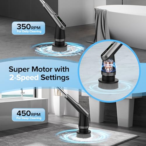 Electric Spin Scrubber, 10-in-1 Shower Scrubber & Retractable Long Handle, 44 lbs High-Torque & Variable Speed Shower Cleaning Brush for Bathroom,Toilet, Bathtub, Kitchen, Tile Floors, - color: Black