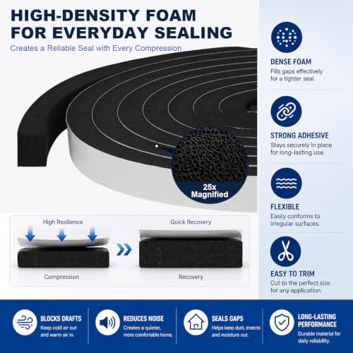 Storystore Self Adhesive Foam Weather Stripping, 1/2"x 1/4"x 51FT Door Seal - size: 1/2In x 1/4In x51Ft