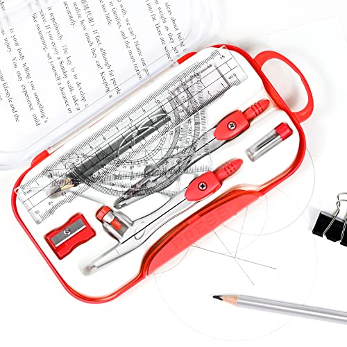 Unjoo Geometry Set 10 Pcs Student Supplies, Protractor and Compass (Red) - color: Red1