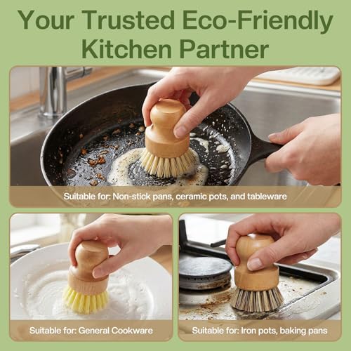 Wooden Dish Brush Handheld Bamboo Wok Brush Scrubber for Dishes Pans Pots Fruit and Veggie Washing(3,Beige Brown and Yellow) - color: Beige Brown and Yellow