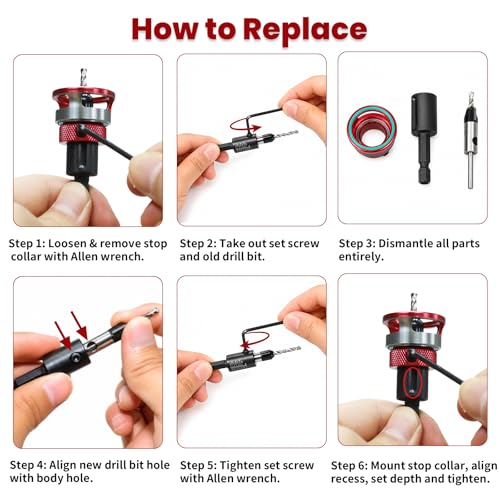 Countersink Drill Bit Set with Depth Stop, 5 PCS TCT Cutters & HSS Bits