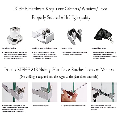 XIEHE 318 Sliding Glass Door Lock, Closet Locks for Sliding Doors with 2 Keys, Ratchet Lock with Chrome Finish, No Drill Cabinet Door Lock (1 Pack, Keyed Different) - size: 1pack, Keyed Different