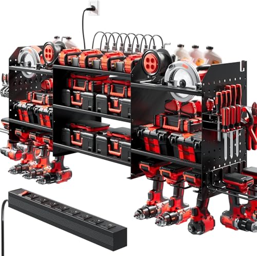 Upgraded Large Power Tool Organizer Wall Mount with Charging Station - color: Black