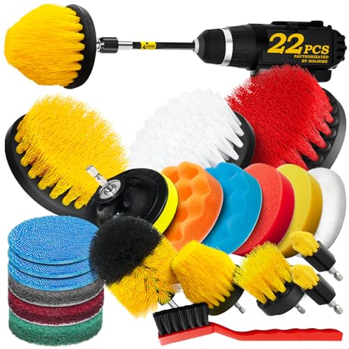 Holikme 22Pack Drill Brush Attachments Set,Scrub Pads & Sponge, Buffing Pads,Power Scrubber Brush,Car Polishing Pad Kit,Wax Applicator Pad,Car Cleaning Kit,Masonry Brushes,Cleaning Supplies - color: Yellow