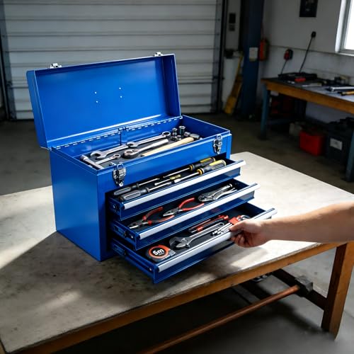 BIG RED ANTBD133-XU Torin 20" Portable Metal Tool Box/Tool Chest with 3 Drawers with Metal Latch Closure for Garage, Home and Workbench,Blue