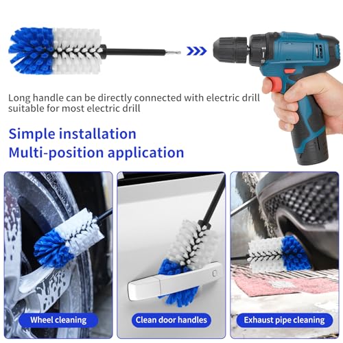Wheel Brush, Soft Drill Wheel Cleaner Brush, Drill Brush for Car Wheel, No Scratches Highly Dense and Durable Car Wheel Brush Rim Tire Car Cleaning Brush for Wheels, Rims, Engines, Exhaust - color: Blue+white
