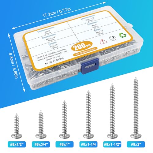 200PCS #8 Wood Screws Assortment Kit, 304 Stainless Steel Screws, Drive Sheet Metal Self Tapping Screws with Screwdriver Bit, 6 Sizes (2”,1-1/2”,1-1/4”,1”,3/4”,1/2”) - style: Silver #8 Pan Head Set 200PCS